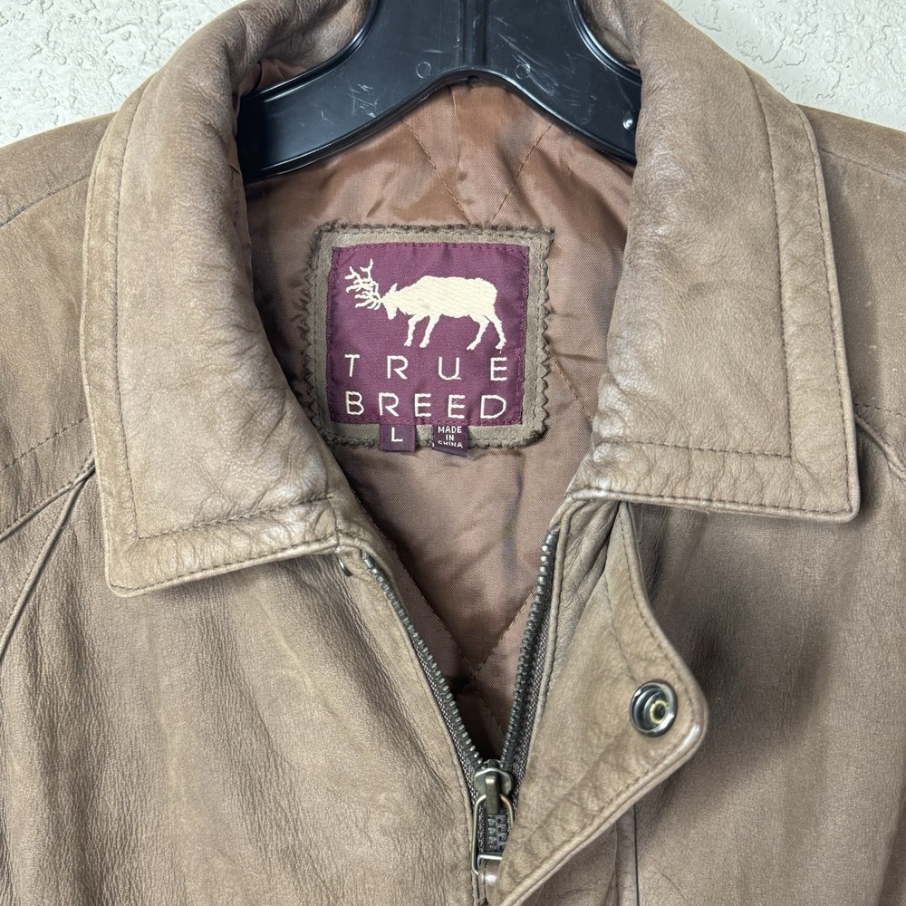 VTG True Breed Men's Distressed Brown Leather Retro Bomber Jacket Size L Aviator - Picture 4 of 14